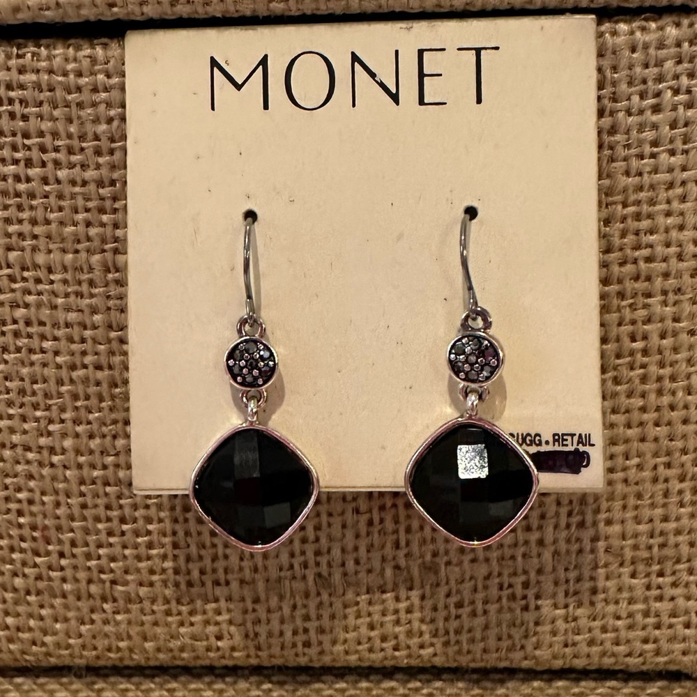 NWT Monet Earrings- silver tone dangle with black faceted square bead